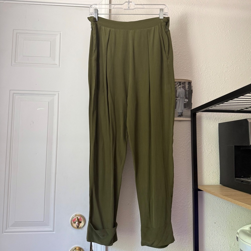 RACHEL COMEY olive green silk pleated front straight leg cuffed cropped pants